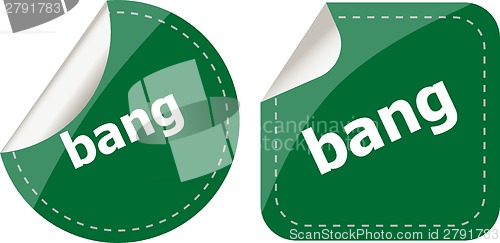 Image of bang word on stickers button set, business label