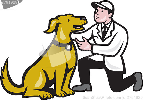 Image of Veterinarian Vet Kneeling With Pet Dog Cartoon