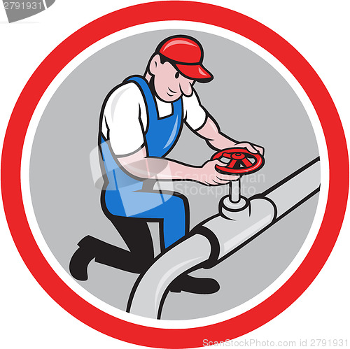 Image of Plumber Pipe Worker Turning on Flow Circle Cartoon