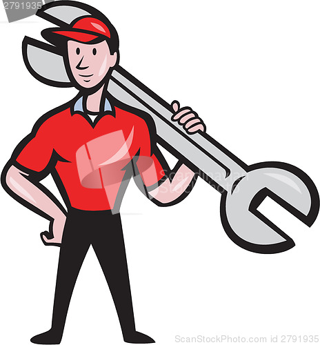 Image of Mechanic Hold Spanner On Shoulder Cartoon