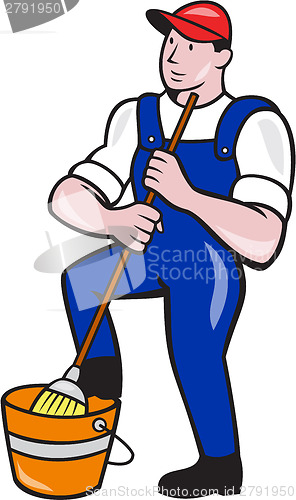 Image of Janitor Cleaner Holding Mop Bucket Cartoon