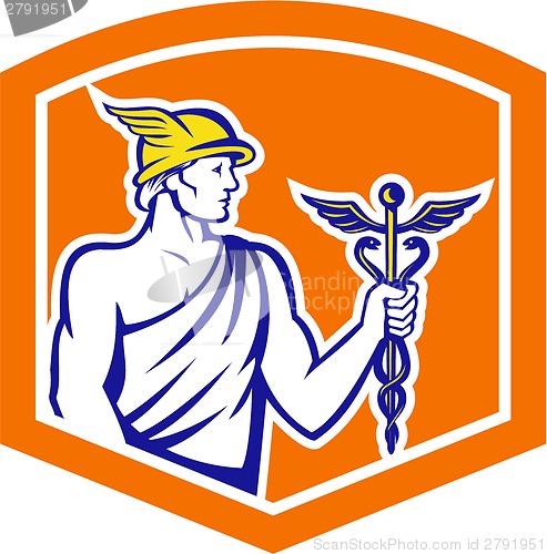 Image of Mercury Holding Caduceus Staff Shield Retro