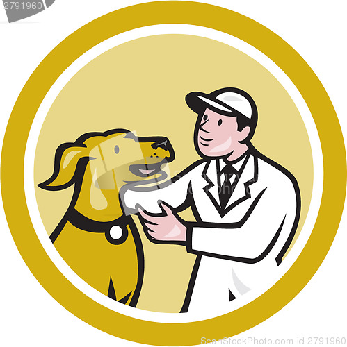 Image of Veterinarian Vet Kneeling Beside Pet Dog Circle Cartoon