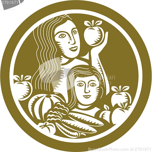 Image of Woman Child Holding Apples Fruits Vegetables Circle Retro