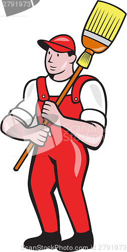 Image of Janitor Cleaner Holding Broom Standing Cartoon