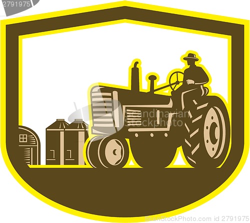 Image of Farmer Driving Tractor Plowing Farm Shield Retro