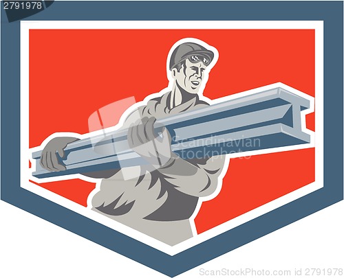 Image of Construction Steel Worker Carrying I-Beam Shield Retro