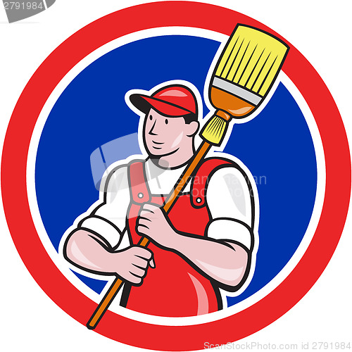 Image of Janitor Cleaner Holding Broom Circle Cartoon