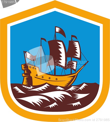 Image of Sailing Ship Galleon Crest Retro Woodcut