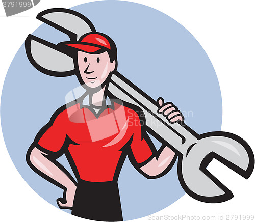 Image of Mechanic Hold Spanner On Shoulder Circle Cartoon