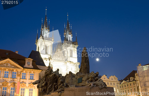 Image of Tyn Church and statue monument of Jan Hus at night Old Town Square Prague Czech Republic