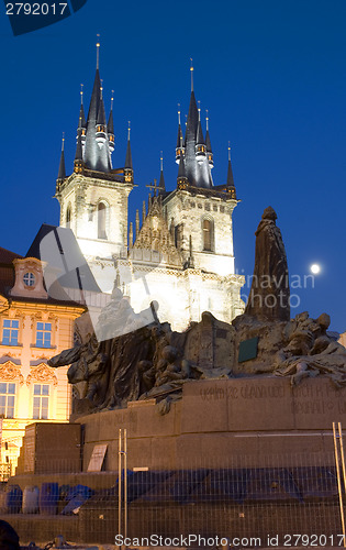 Image of Tyn Church and statue monument Jan Hus at night Old Town Square 