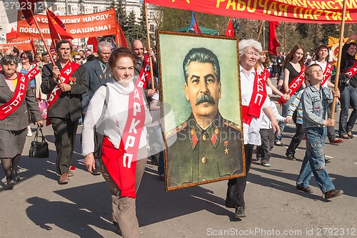 Image of Members of KPRF with Stalin's portrait on parade