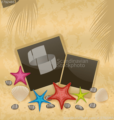 Image of Sand background with photo frames, starfishes, pebble stones, se