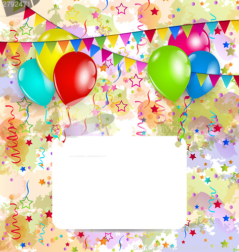 Image of Modern birthday greeting card with balloons and confetti 