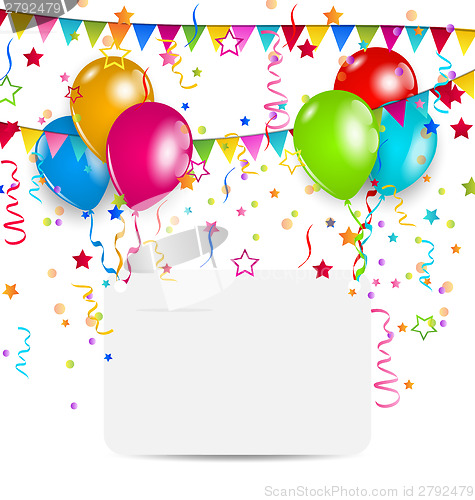 Image of celebration card with balloons, confetti and hanging flags