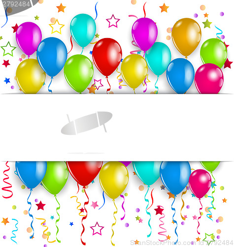 Image of Colourful party balloons, confetti with space for text