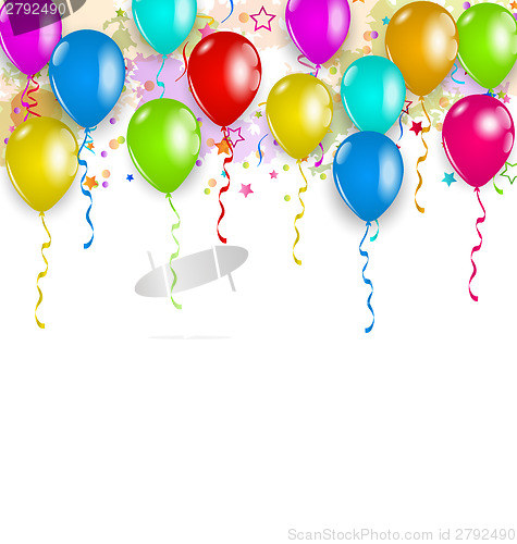 Image of Set party balloons, confetti with space for text