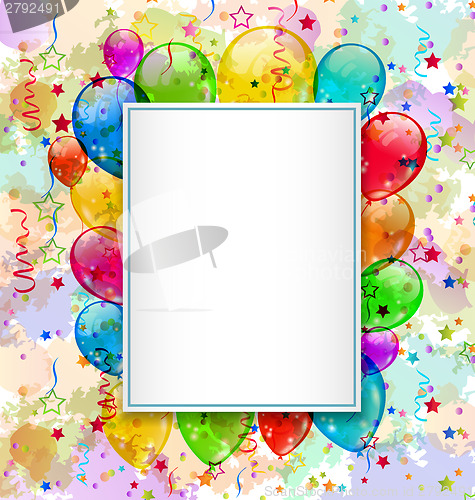 Image of Birthday card with balloons and confetti