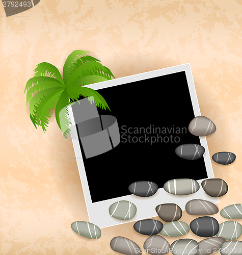 Image of Photo frame background with stones and palm 