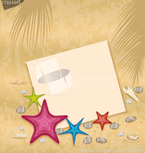 Image of Sand background with paper card, starfishes, pebble stones, seas