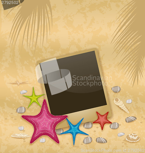 Image of Vintage background with photo frame, starfishes, pebble stones, 