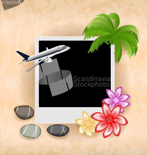 Image of Photo frame with plane, palm, flowers, sea pebbles