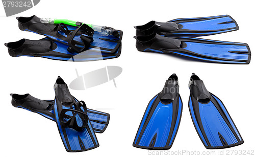 Image of Set of blue swim fins, mask and snorkel for diving