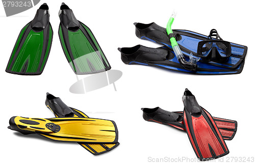 Image of Set of multicolored swim fins, masks and snorkel for diving