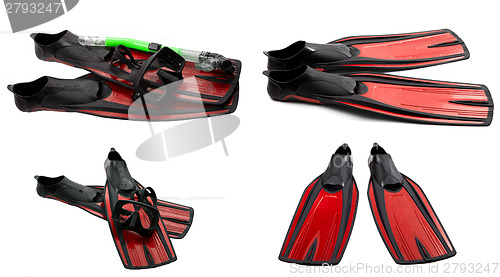 Image of Set of red swim fins, mask and snorkel for diving
