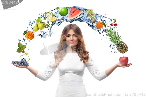 Image of smiling woman with fruits isolated