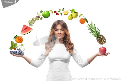 Image of smiling woman with fruits isolated