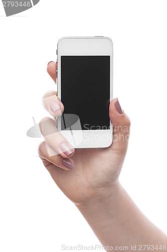 Image of Woman hold cellphone on white