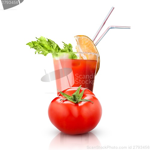 Image of red tomato and glass of juice isolated