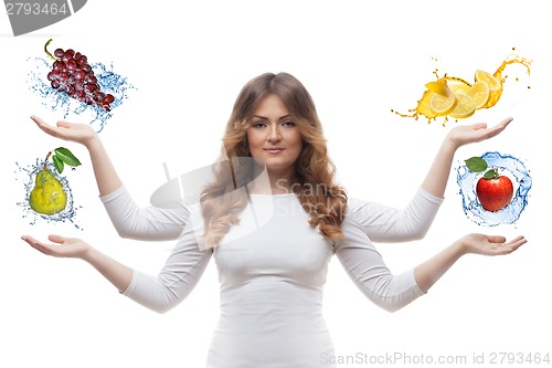 Image of smiling woman with fruits isolated