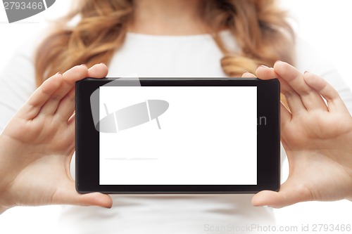 Image of Woman hold tablet PC on white