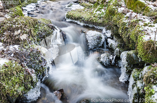 Image of The flow of water in the spring of icicles and ice