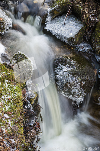 Image of Small creek with a waterfall close up