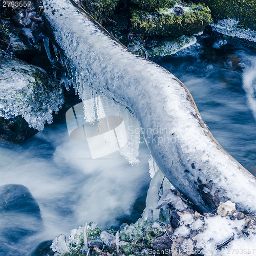 Image of Frozen icicles on water flow