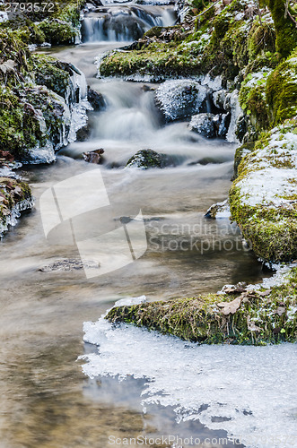 Image of The flow of water in the spring of icicles and ice