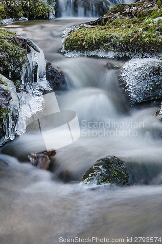 Image of Small creek with a waterfall close up