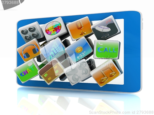 Image of Touchscreen Smart Phone with Cloud of Media Application Icons 