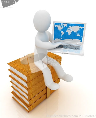 Image of 3d man sitting on books and working at his laptop 
