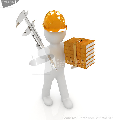 Image of 3d man engineer in hard hat with vernier caliper and best techni