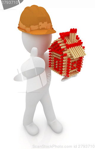 Image of 3d architect man in a hard hat with thumb up with log house from