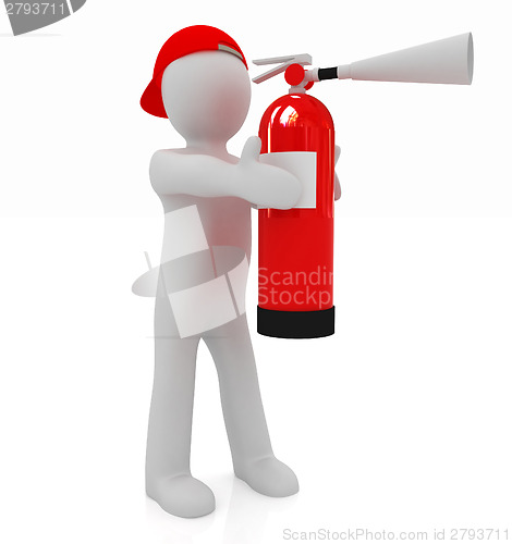 Image of 3d man with red fire extinguisher 