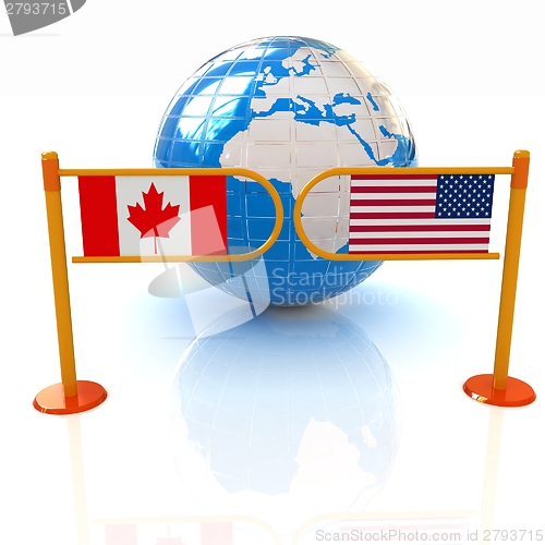 Image of Three-dimensional image of the turnstile and flags of USA and Ca