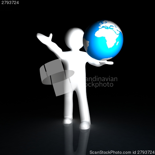 Image of 3d man holding a glowing earth on a mysterious black background 