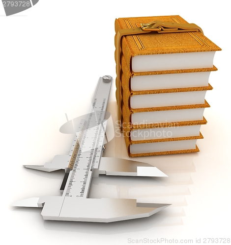 Image of Vernier caliper and leather professional books. Best professiona