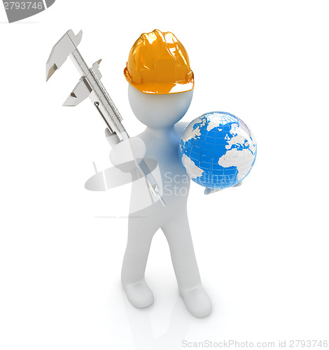 Image of 3d man engineer in hard hat with vernier caliper and Earth